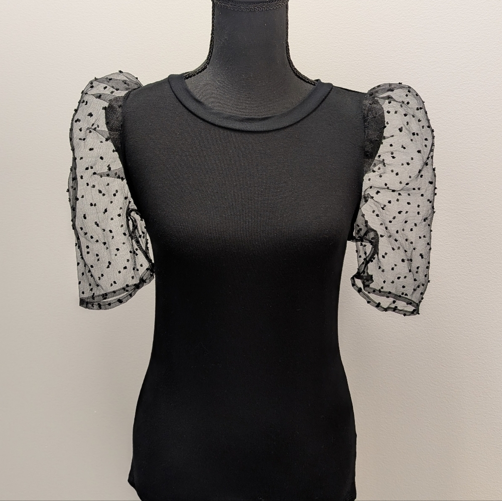 Francesca's Mi Ami Clip Dot Sheer Puff Sleeve Soft Flirty Top NEW S